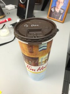 A Tim Horton's Coffee -- Black; Decaf